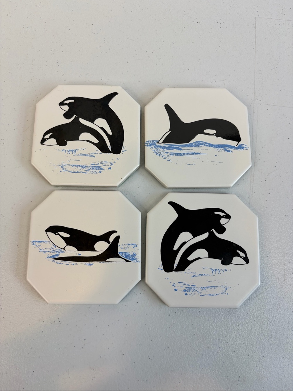 Vintage 1990s Orca Killer Whale Ceramic Tile Drink Coasters Set of 4 Ocean Decor